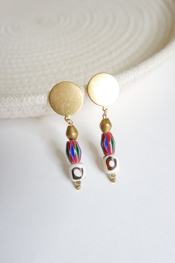 Brass, Bone, and Lampwork Glass Bead Earrings