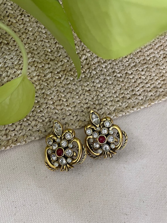 Vintage Faux Ruby, Diamond, and Pearl Earrings (Clip-On)