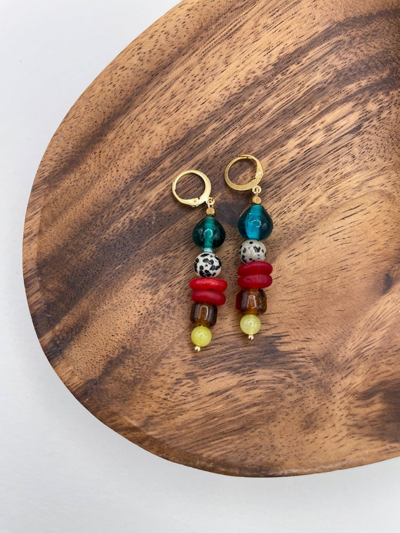 Mecca Earrings // Mixed Glass Beads & Dalmatian Jasper