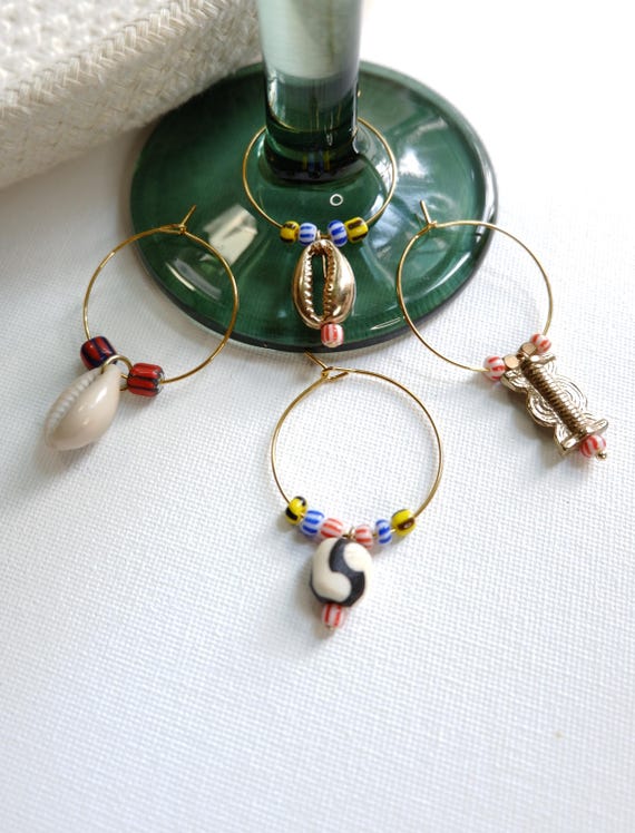 Set of 4 Glass Bead, Brass, and Cowrie Shell Wine Charms