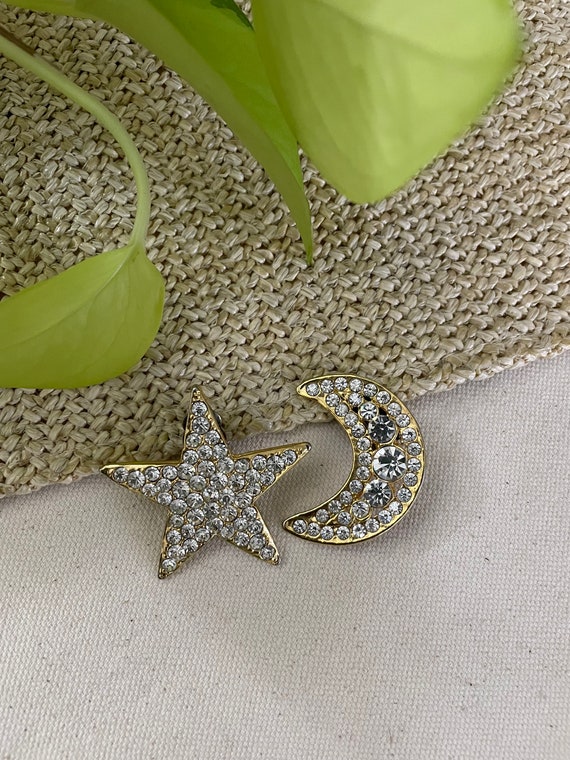 Vintage Crystal Star and Moon Earrings (Clip-On) - image 1
