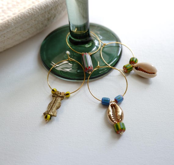 Set of 4 Glass Bead, Brass, and Cowrie Shell Wine Charms