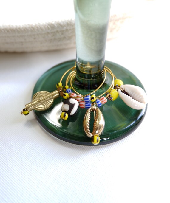 Set of 4 Glass Bead, Brass, and Cowrie Shell Wine Charms