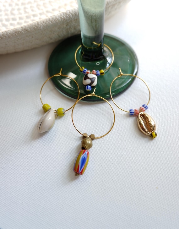Set of 4 Glass Bead, Brass, and Cowrie Shell Wine Charms