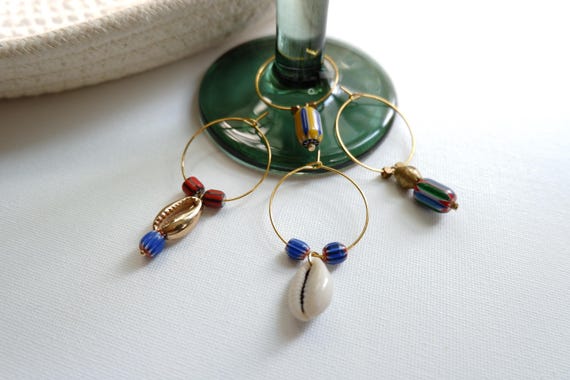 Set of 4 Glass Bead, Brass, and Cowrie Shell Wine Charms