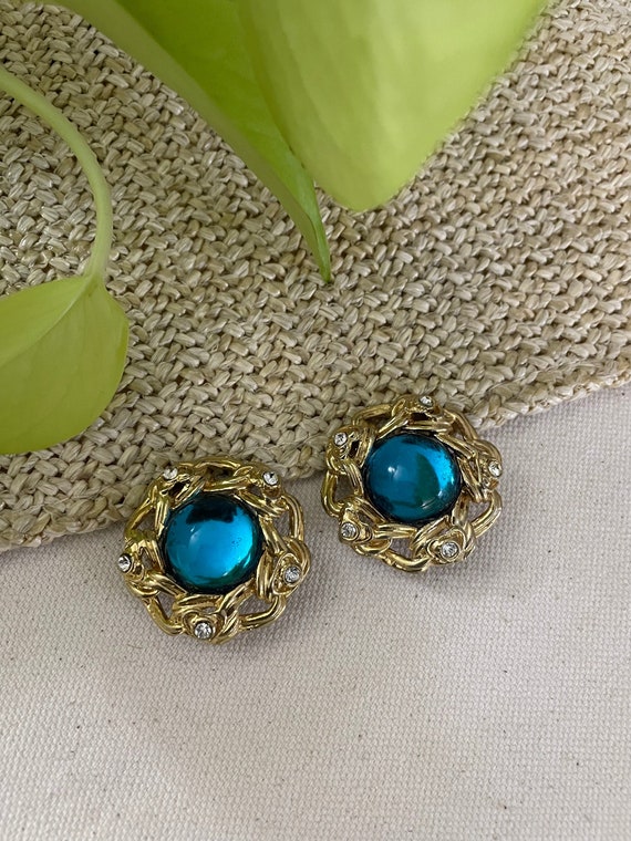Vintage Gold and Teal Gem Earrings (Clip On)