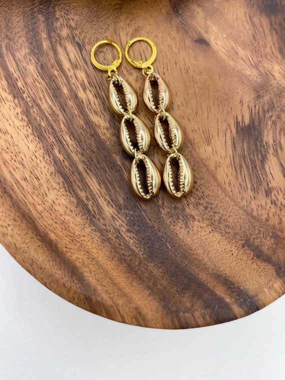 Gold Cowrie Drop Earrings