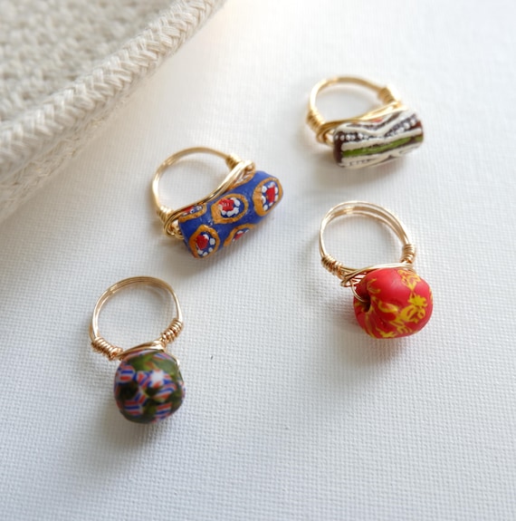 Wire Wrapped Krobo Bead Rings