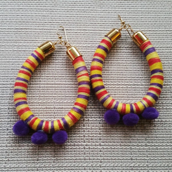 Purple, Pink, and Yellow Tribal Pom Pom Hoops