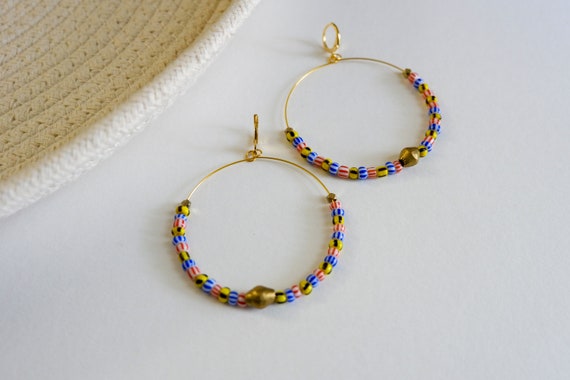 Lampwork Seed Bead Hoop Earrings with Brass Accents