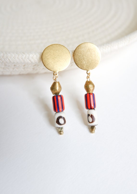 Brass, Bone, and Lampwork Glass Bead Earrings
