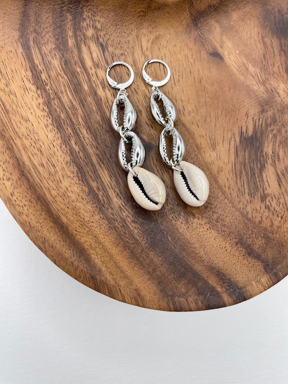 Silver Cowrie Drop Earrings