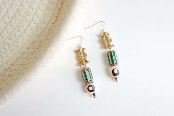 Brass Baule, Bone, and Lampwork Glass Bead Earrings