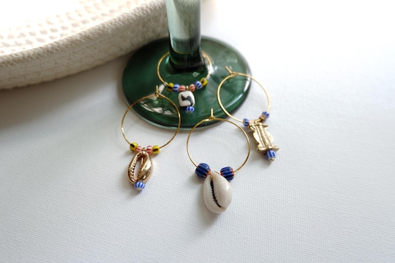 Set of 4 Glass Bead, Brass, and Cowrie Shell Wine Charms