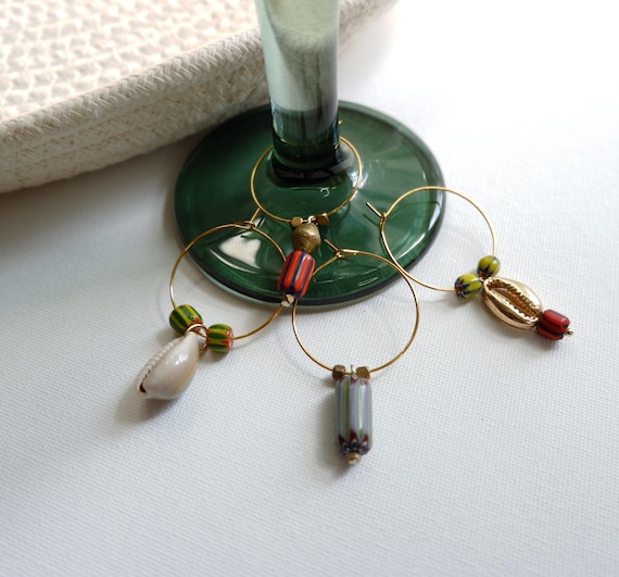 Set of 4 Glass Bead, Brass, and Cowrie Shell Wine Charms