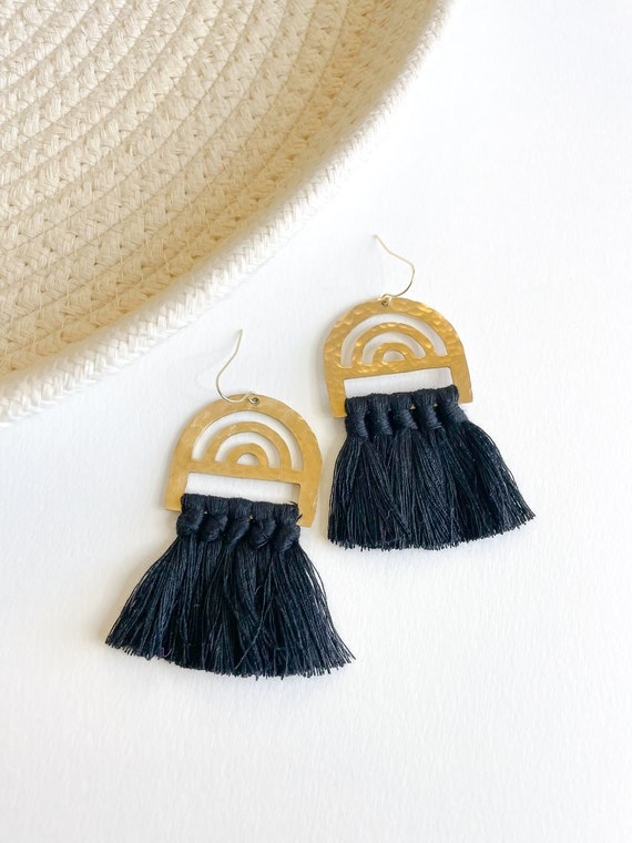 Art Deco Hanmered Brass Arch Fringe Earrings