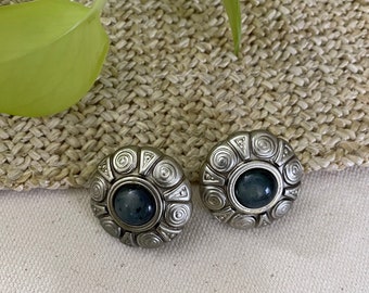 Boucles D'oreilles Vintage Clips - Rondes Avec Pierre Marbrée, Plaqué Or, Bon état (légères Traces)