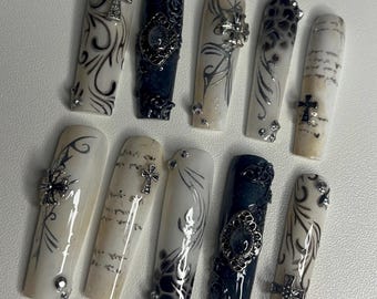 Grunge Press On Nails | Silver 3D Nails | Handmade Square Fake Nails | Alternative Nail Set