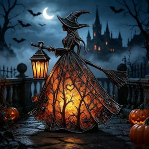 May include: A decorative witch figurine featuring a pointed hat and a long, flowing dress illuminated from within. The dress displays a dark, intricate forest pattern with a heart shape. The witch holds a glowing lantern and a broomstick.