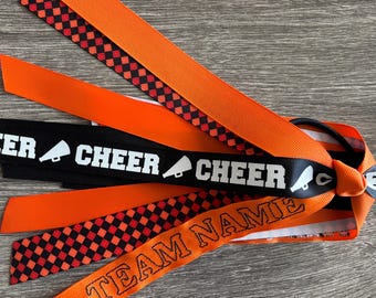 Personalized Embroidered Sport Ribbons, Custom Hair Ties, Orange and Black Cheer Streamer, Team Gift