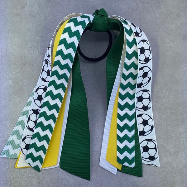 Choose Your Sport and Colors - Forest Green and Yellow-Gold Soccer Bow, Hair Streamer, Ponytail Ribbon, Hair Tie, Volleyball, Softball