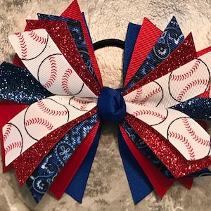 Choose Your Sport, baseball bow, red & blue hair bow, team gift, hair tie, pony tie, Cubs, Phillies, Rangers, Dodgers, KU Jayhawks, Bills