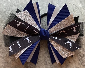 Gymnastics Bow - Gymnastics Hair Bow - Tumbling Hair Bow - Gymnastics Ribbon - Gymnastics ponytail hair tie - pony - Navy Blue Silver