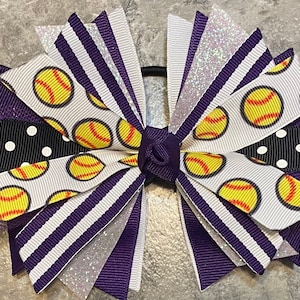Purple Softball bow, fastpitch hair bow, softball pony tie, softball cheer bow, softball hair bow, softball gift, softball ribbon, team bow