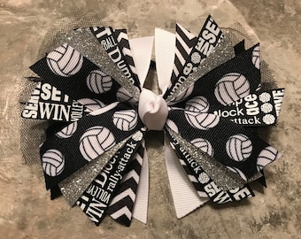 Volleyball Hair Bow - Volleyball Bow - Volleyball Pony Tie - streamer - Volleyball Ribbon - Volleyball Hair Tie - Black and White Volleyball
