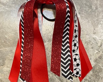 Choose Your Sport & Colors - Red and White Soccer Bow, Hair Streamer, Ponytail Ribbon, Arkansas Hair Tie, Gymnastics, Volleyball