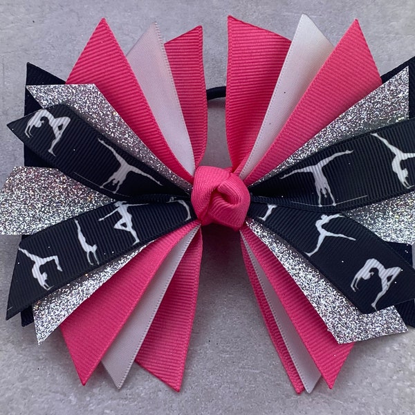 Gymnastics Hair Bow - Gymnast Hair Bow - Pink Gymnastics Bow - Hot Pink Silver Gymnastics Bow - Gymnastics Ribbon - Gymnastics ponytail hair