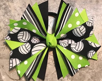 Lime Volleyball Hair Bow, Volleyball Bow, Volleyball Ponytail Bow, Volleyball Hair Tie, Volleyball Streamers, Lime and Black, Team Gift