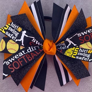 Softball bow - softball ponytail - black softball bow - softball hair bow - softball hair tie - softball ribbon - streamer - orange team bow