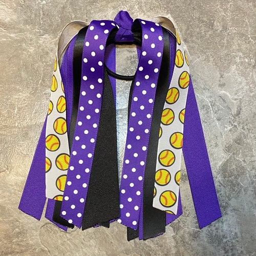 Choose Your Sport & Colors - Black and Purple Softball Bow, Hair Streamer, Ponytail Ribbon, Kansas State Hair Tie, Gymnastics, Volleyball