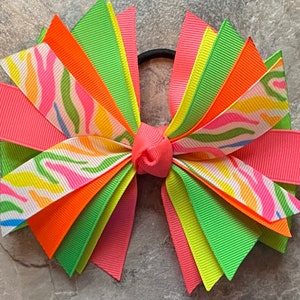 Neon Zebra Hair bow, Zebra Ribbon, Neon pony tie, Neon Bow, Neon barrette, Neon Tiger Hair Clip, 80’s hair tie, Neon Colors Hair bow