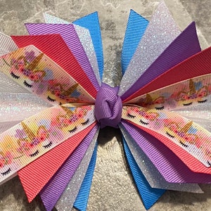 Unicorn Hair bow, Unicorn Ribbon, Unicorn pony tie, Unicorn Bow, Unicorn barrette, Unicorn Hair Clip, pink and purple, pink and blue