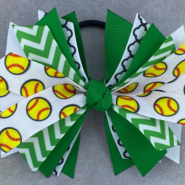 Softball bow - softball hair tie - softball ponytail - softball pony - softball hair bow - emerald green - softball ribbon - streamer