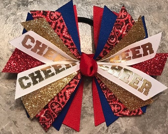 Blue Red & Gold Cheer Bow, Cheer Hair Tie, Cheer Ribbon, Cheer Pony tie, Streamer, Cheer Hair Bow, team bow, team gift, Bandana ribbon