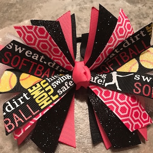 Hot Pink Softball Bow, softball cheer bow, softball pony tie, softball hair bow, softball hair tie, softball ribbon, hair streamers