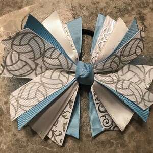 Blue and White Volleyball Hair Bow - Volleyball Bow - Volleyball Ponytail Bow - Volleyball Ribbon - Volleyball Hair Bow - Silver and Blue