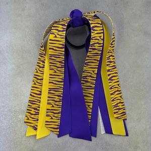 Choose Your Sport & Colors - Purple and Yellow-Gold Hair Streamer, Softball Hair Ribbon, LSU Tigers Hair Tie, Volleyball, Basketball, Soccer