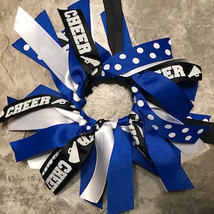 Choose Your Sport and Team Colors - Blue Cheer Bow, Hair Tie, Scrunchie, Streamers, Pony Tie, Gymnastics, Softball, Soccer, Volleyball, LAX