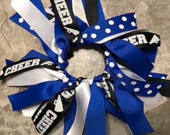 Choose Your Sport and Team Colors - Blue Cheer Bow, Hair Tie, Scrunchie, Streamers, Pony Tie, Gymnastics, Softball, Soccer, Volleyball, LAX