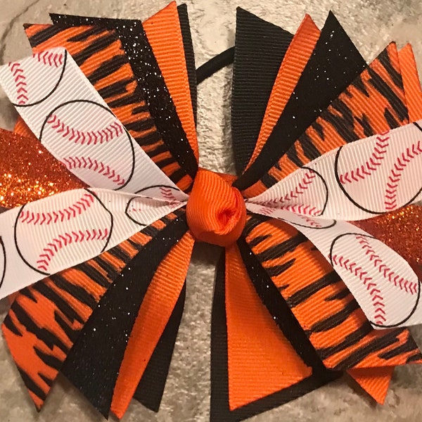 Baseball bow, baseball hair bow, baseball pony tie, baseball hair tie, baseball ribbon, Giants, Orioles, OSU, Princeton Tiger, baseball gift