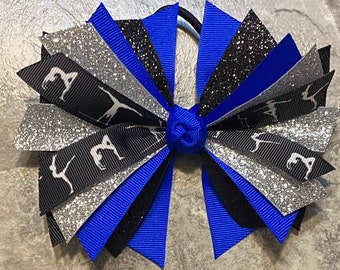 Gymnastics Bow - Gymnastics Hair Bow - Tumbling Hair Bow - Gymnastics Ribbon - Gymnastics ponytail hair tie - pony - Electric Blue Silver