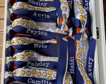 Choose Your Personalization - Embroidered Sport Ribbon, Custom Hair Ties, Red & Navy Softball Hair Streamer