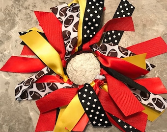 Choose Your Sport and Team Colors - Red and Yellow-Gold Football Bow, Hair Tie, Scrunchie, Streamers, Pony Tie, Track, LAX, Cheer, Soccer