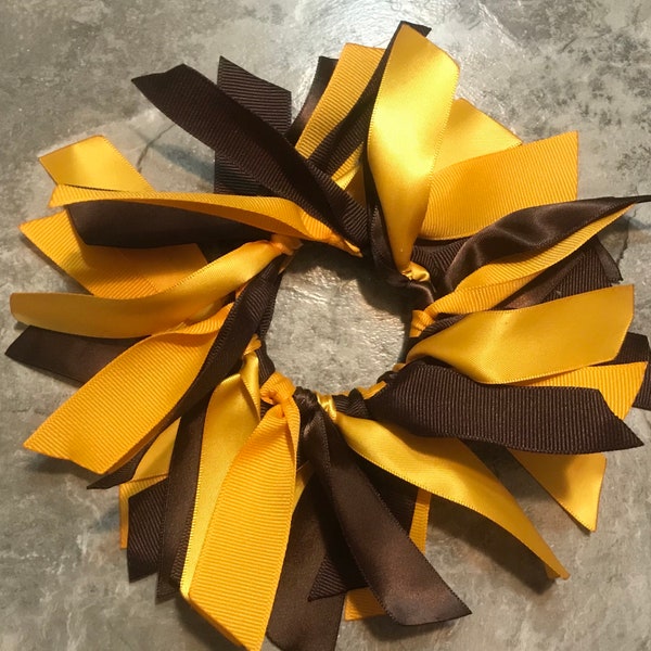 You Pick Colors Scrunchie - Brown & Yellow-Gold Ponytail Hair Tie, Streamers, Gymnastics, Volleyball, Soccer, Softball, Cheer, Wyoming