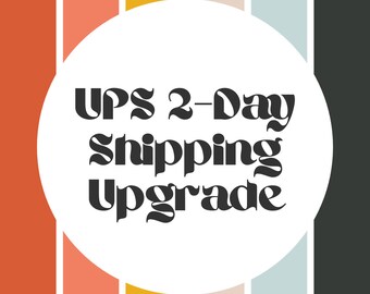 May include: A graphic with the text "UPS 2-Day Shipping Upgrade" in a white circle. The background has vertical stripes in orange, yellow, beige, light blue, and dark grey. The design has a retro aesthetic.