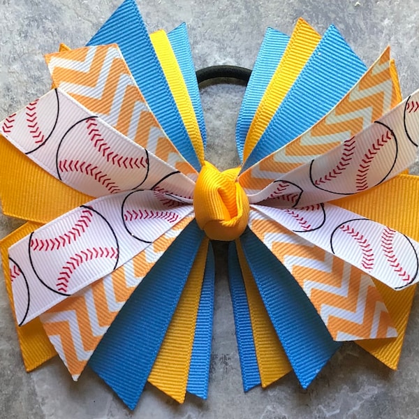 Choose Your Sport, baseball bow, blue & yellow-gold hair bow, team gift, hair tie, pony tie, UCLA, Bruins, California